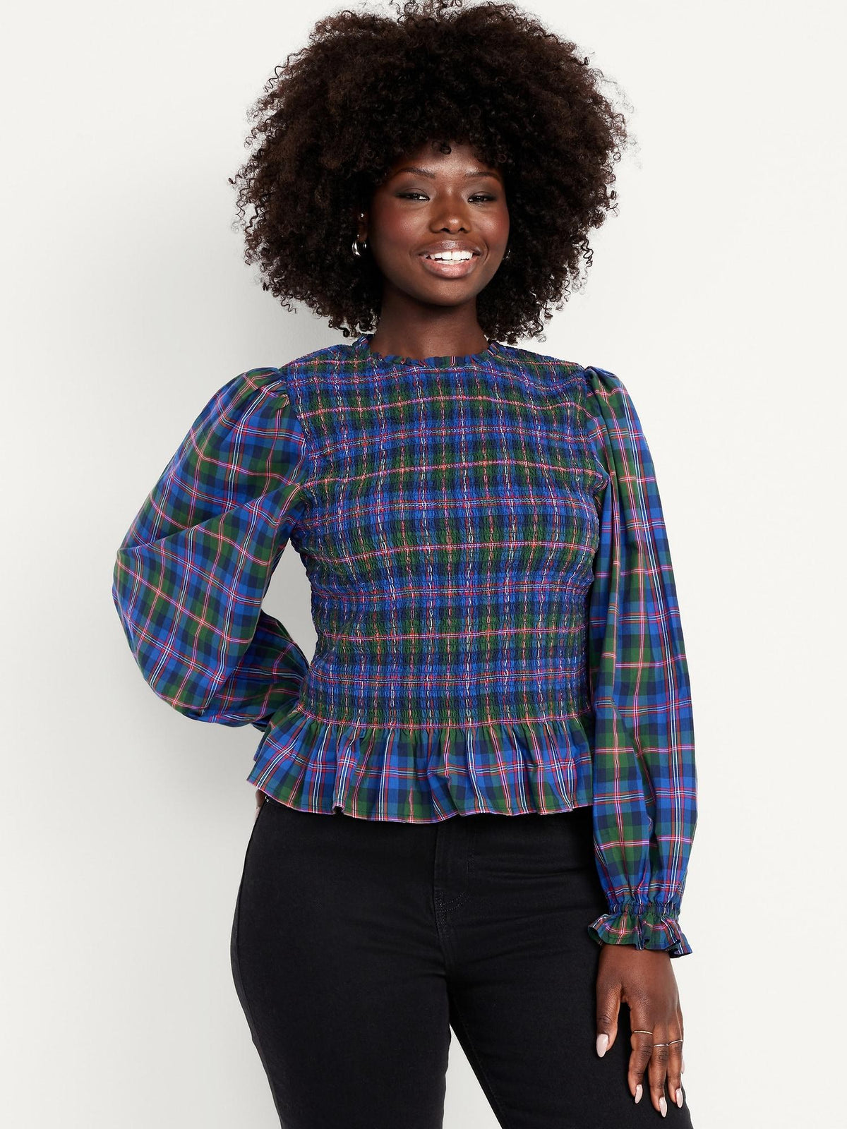 Long-Sleeve Plaid Smocked Top