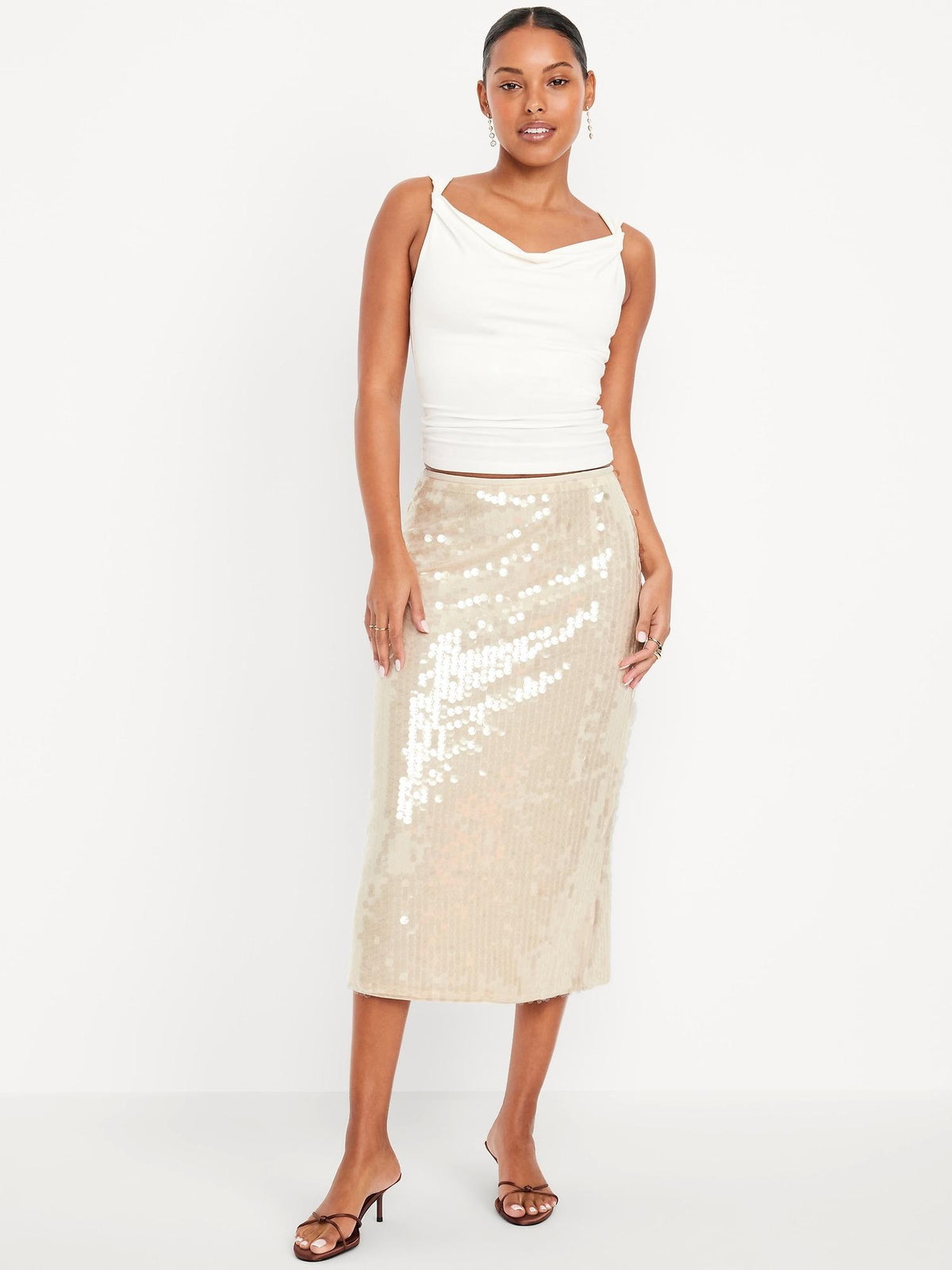 High-Waisted Sequin Midi Pencil Skirt