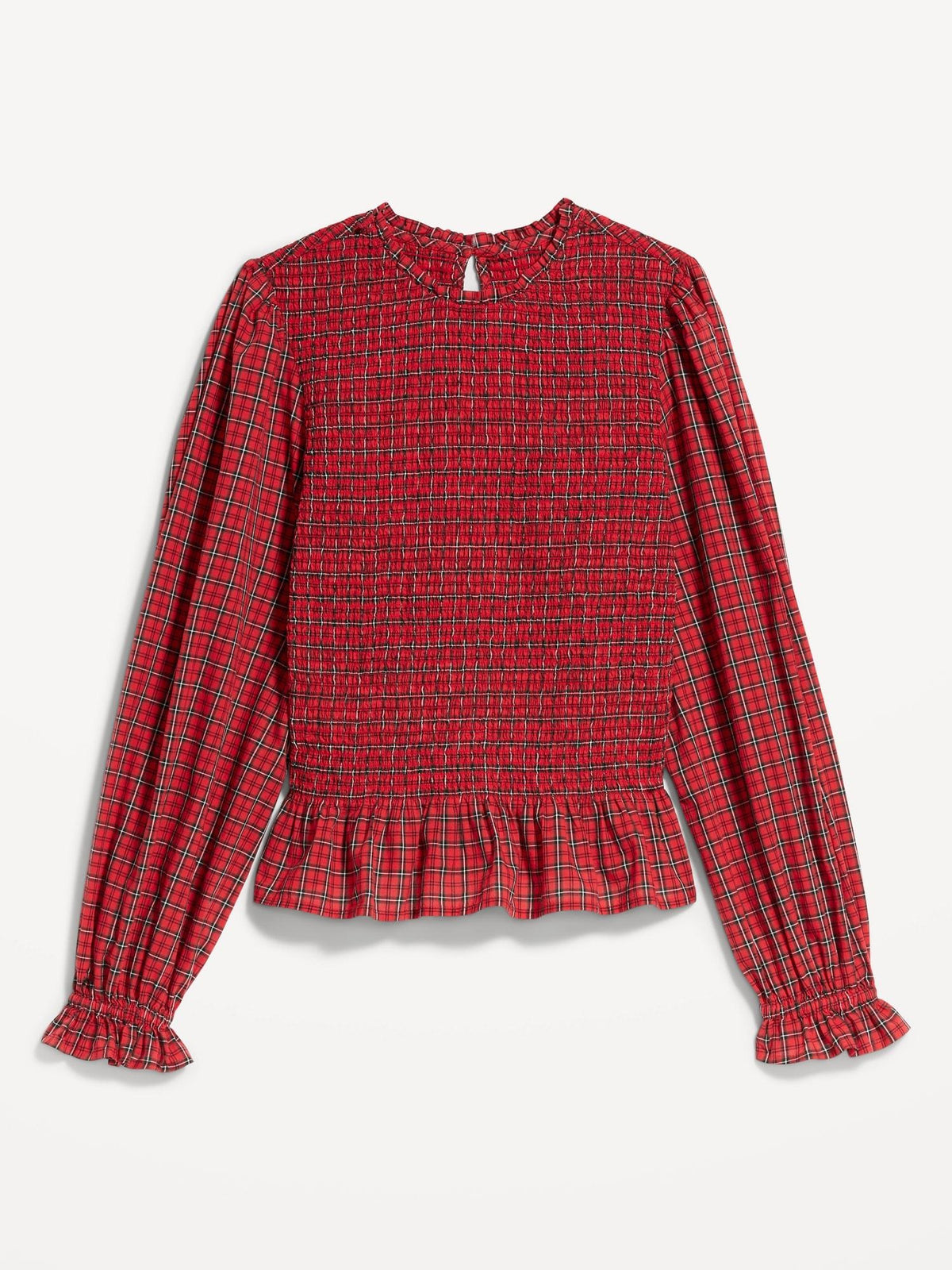 Long-Sleeve Plaid Smocked Top