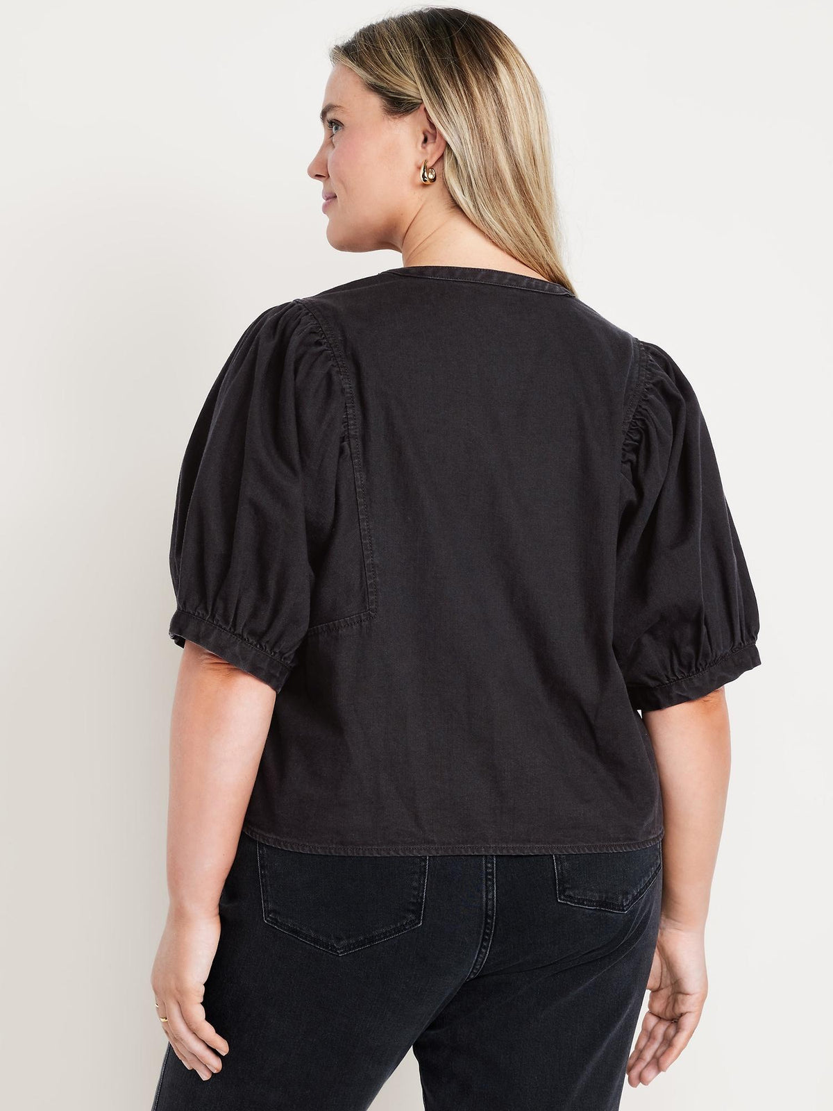 Puff-Sleeve Button-Down Cropped Shirt