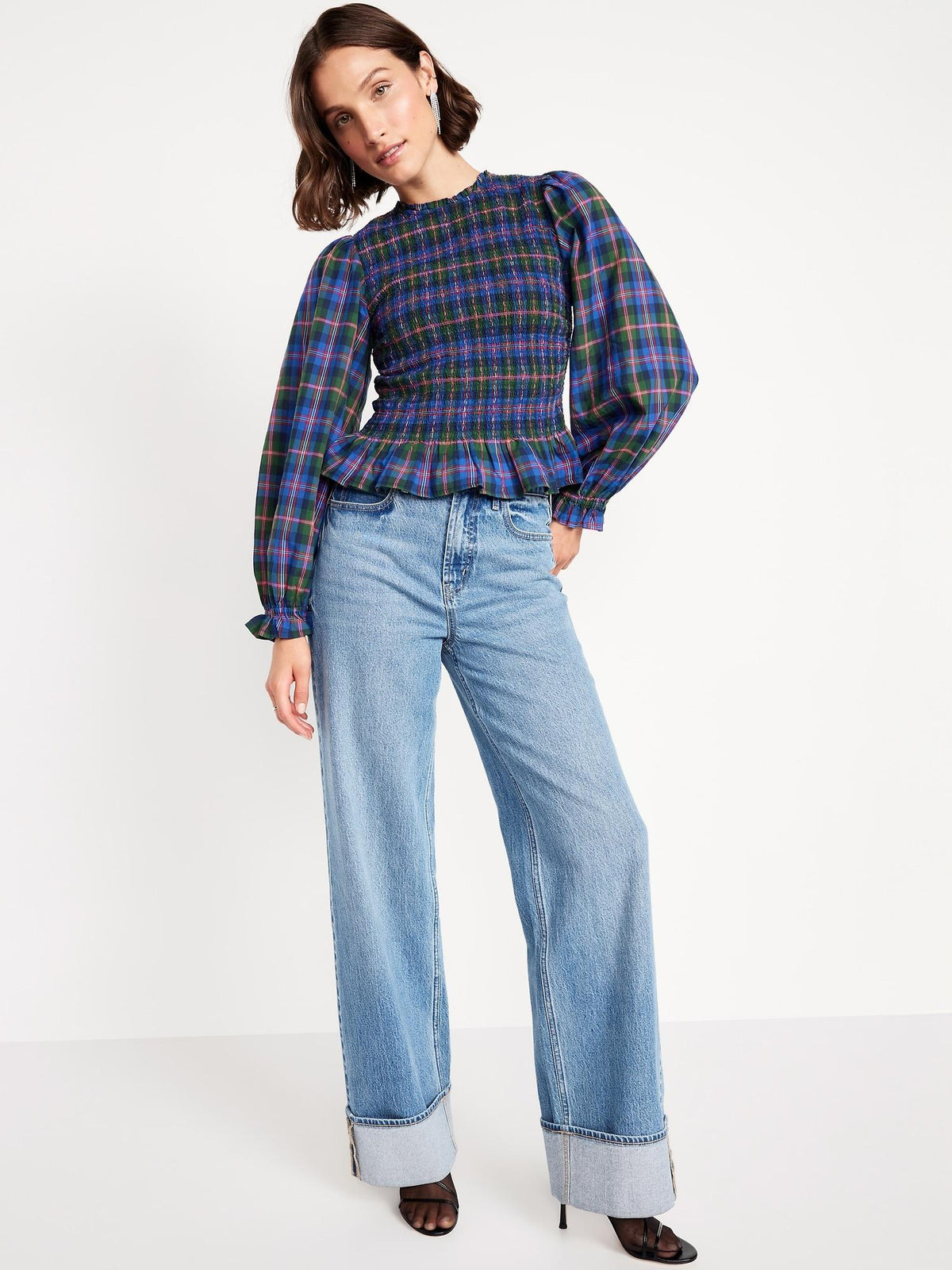 Long-Sleeve Plaid Smocked Top