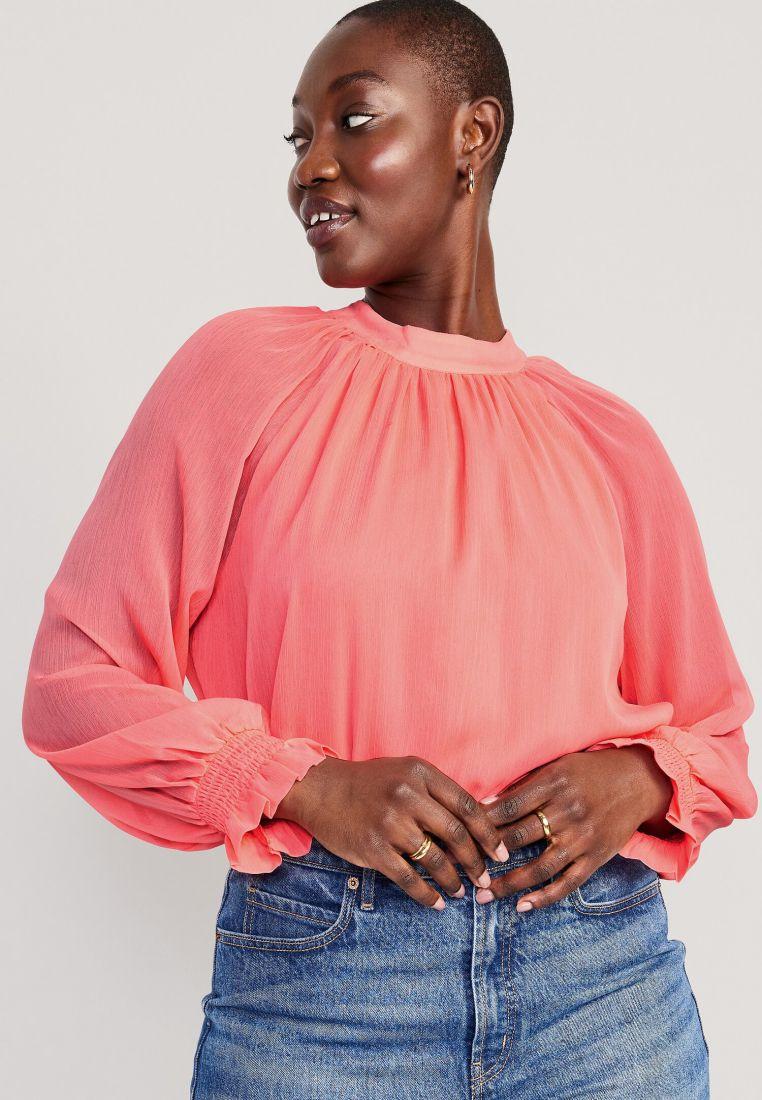 Shirred Mock-Neck Tie-Back Blouse for Women