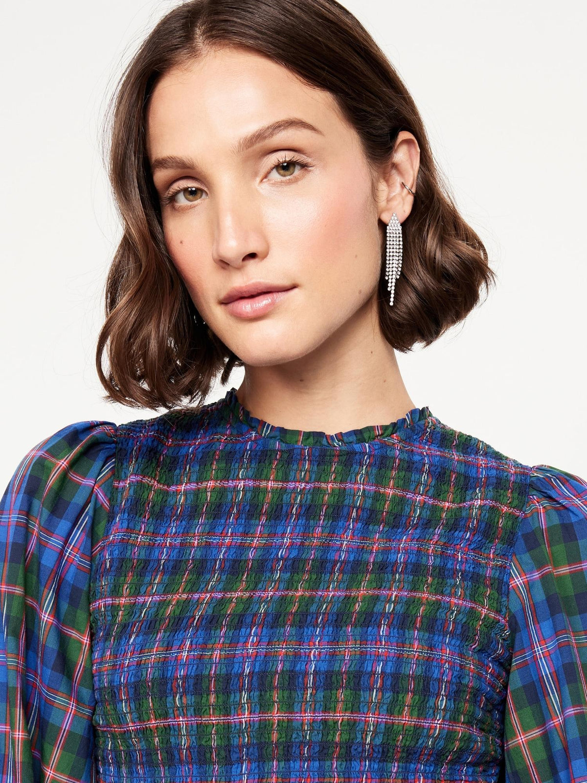 Long-Sleeve Plaid Smocked Top