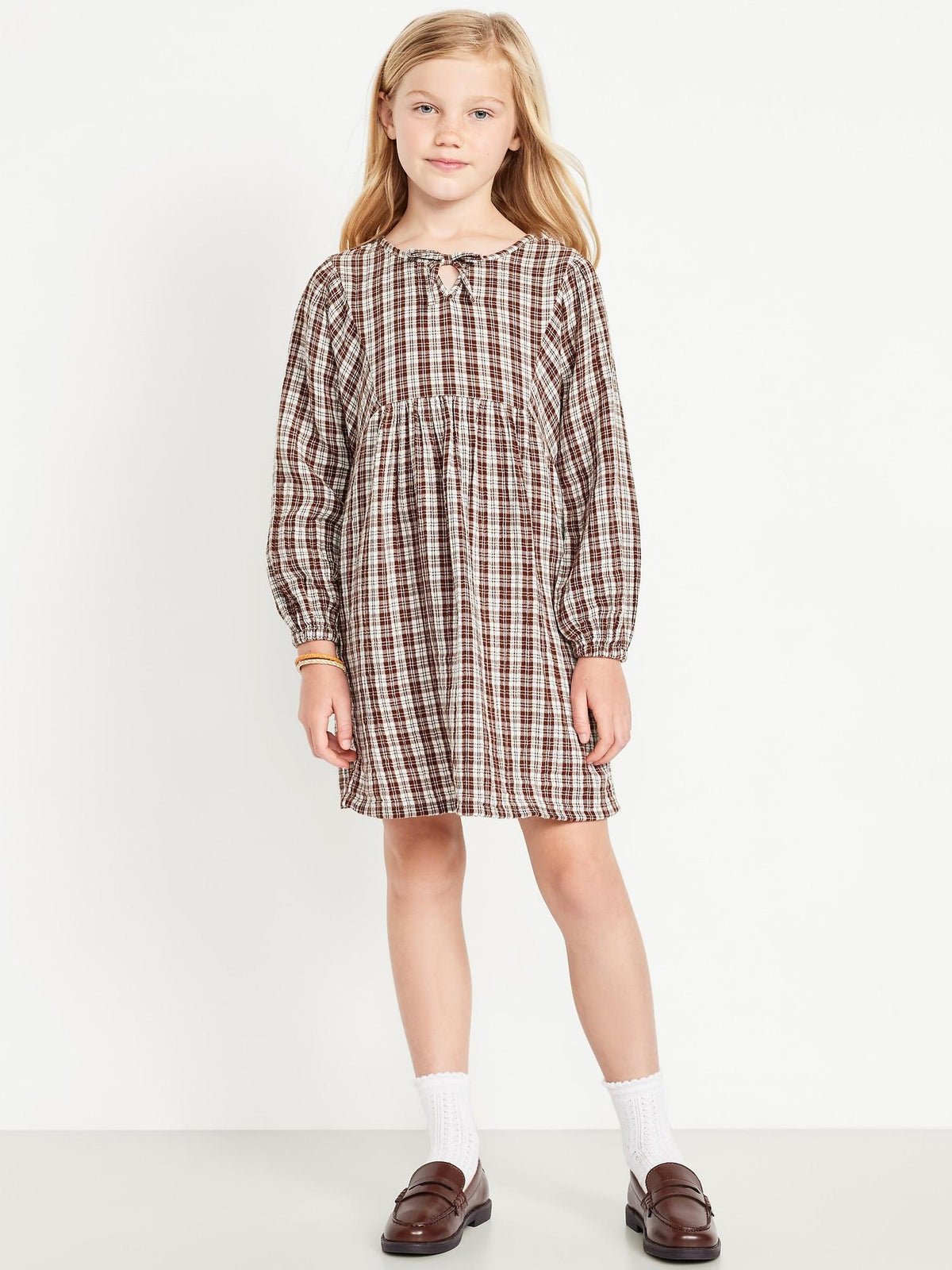 Long-Sleeve Tie-Front Double-Weave Swing Dress for Girls
