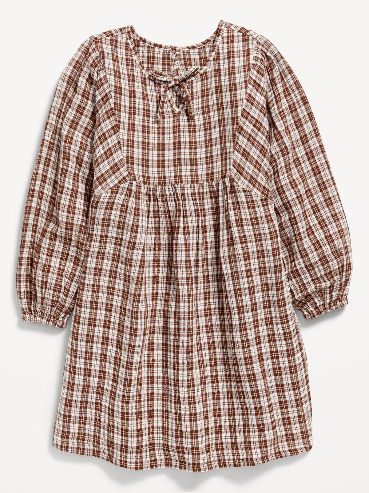 Long-Sleeve Tie-Front Double-Weave Swing Dress for Girls