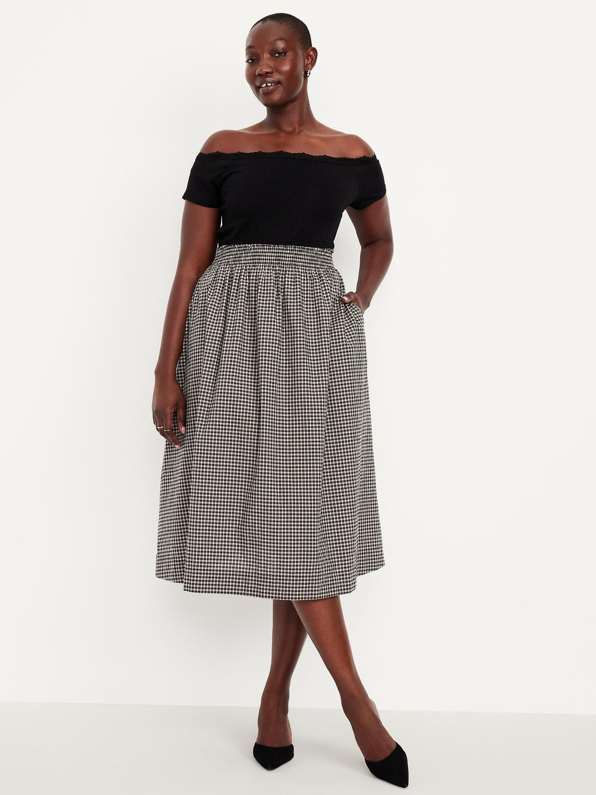 Smocked-Waist Plaid Midi Skirt