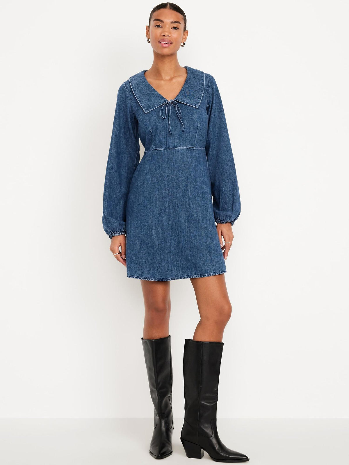 Long-Sleeve Fit & Flare Collared Jean Mini Dress