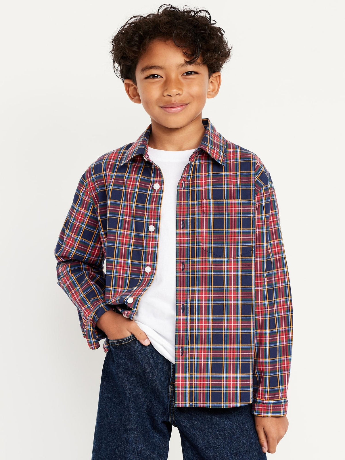 Long-Sleeve Plaid Poplin Pocket Shirt for Boys