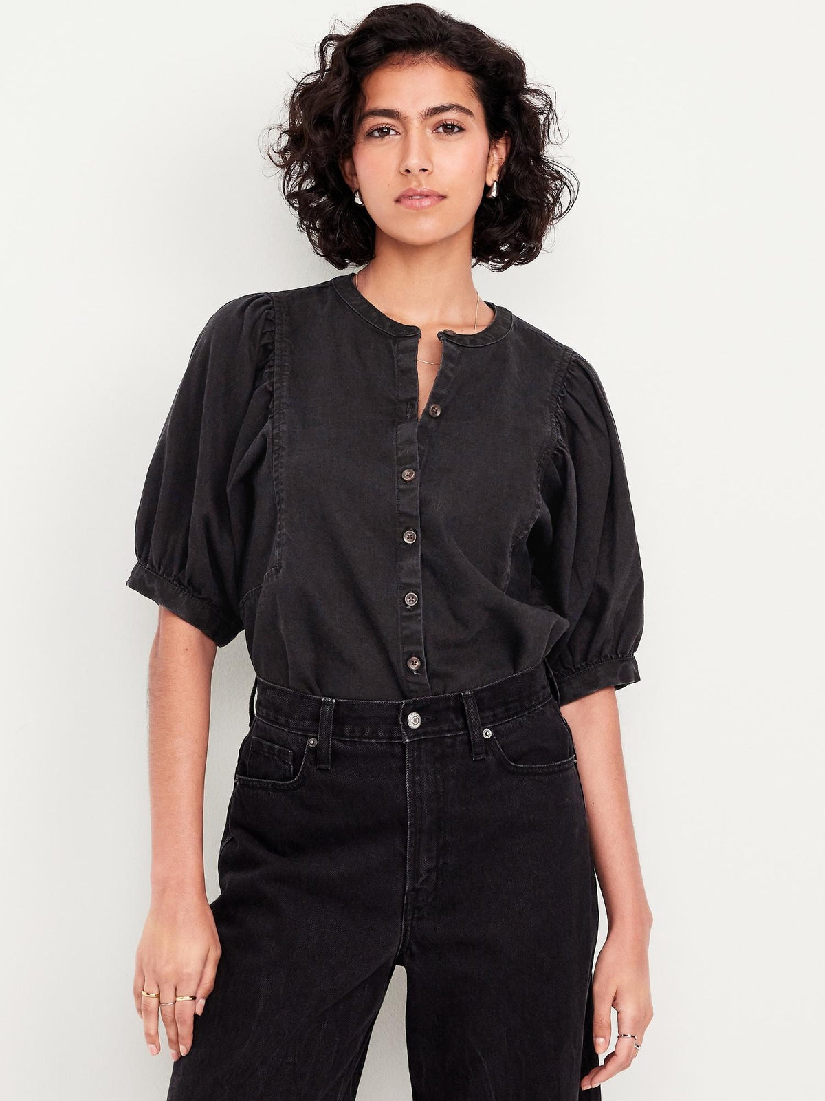 Puff-Sleeve Button-Down Cropped Shirt