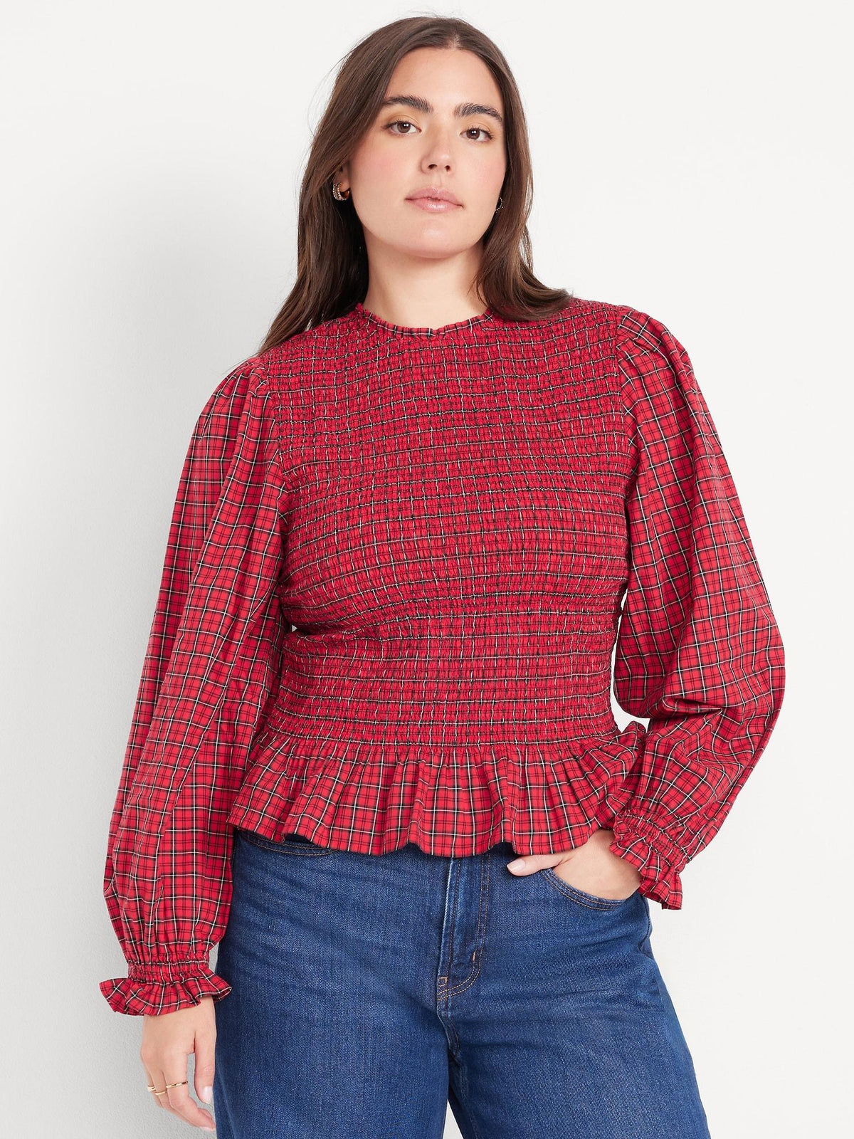 Long-Sleeve Plaid Smocked Top