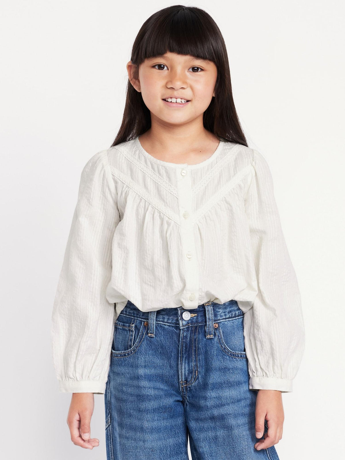 Long-Sleeve Lace Trim Button-Front Top for Girls