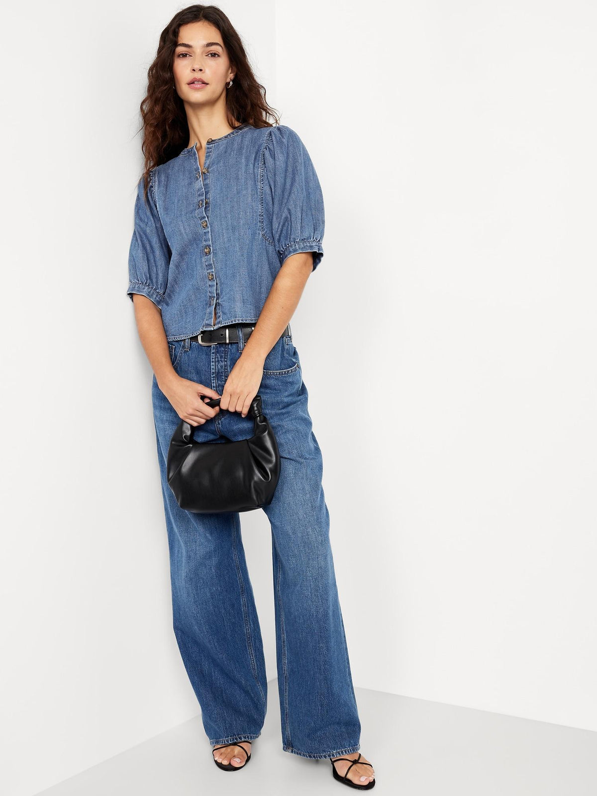 Puff-Sleeve Button-Down Cropped Denim Shirt