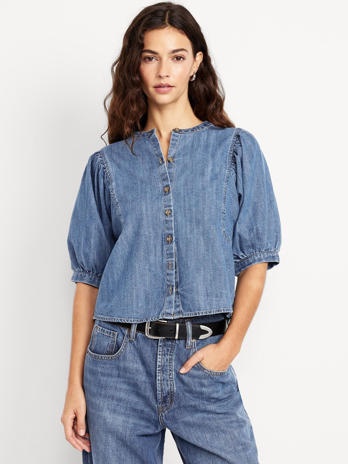 Puff-Sleeve Button-Down Cropped Denim Shirt