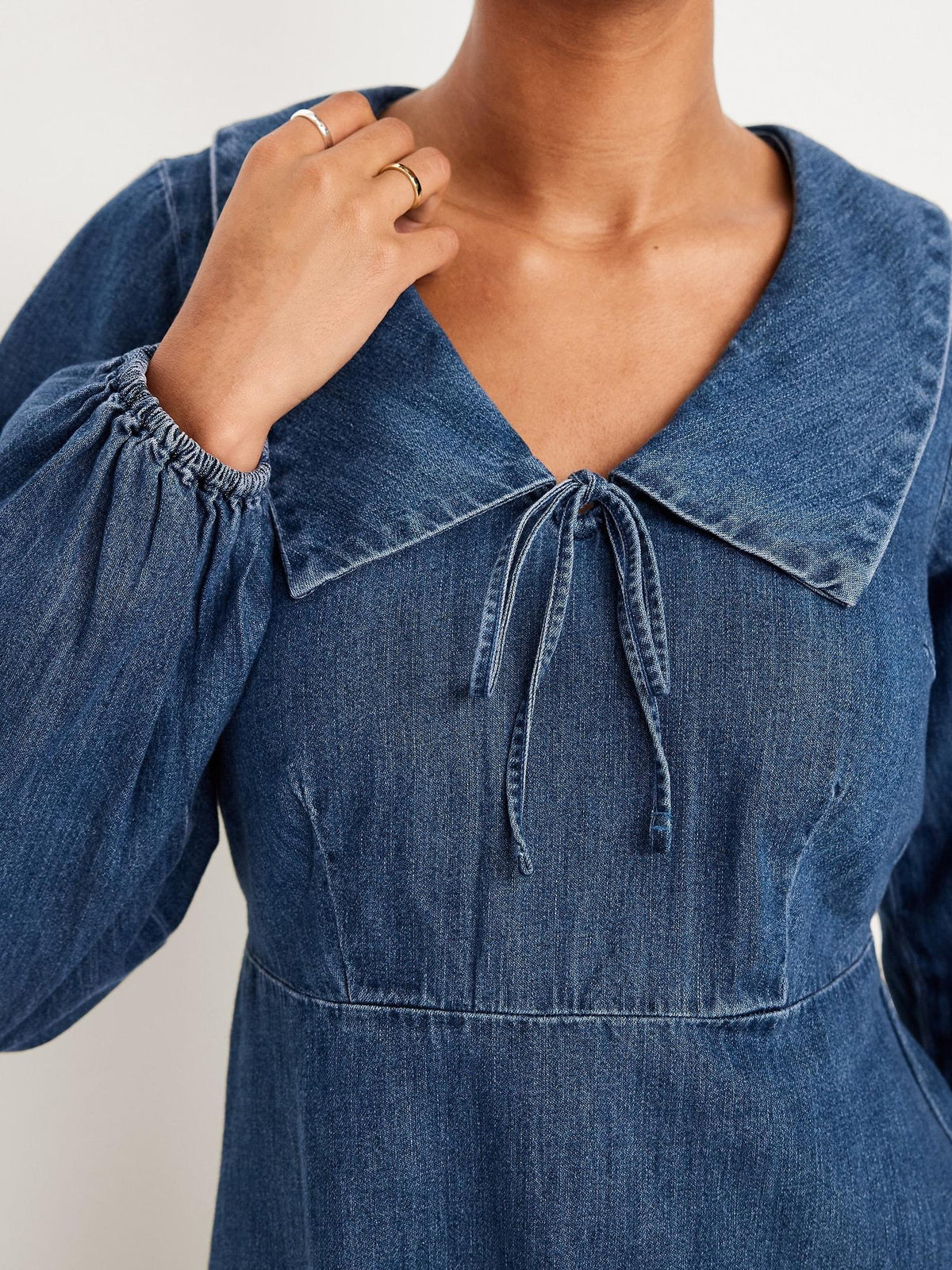 Long-Sleeve Fit & Flare Collared Jean Mini Dress