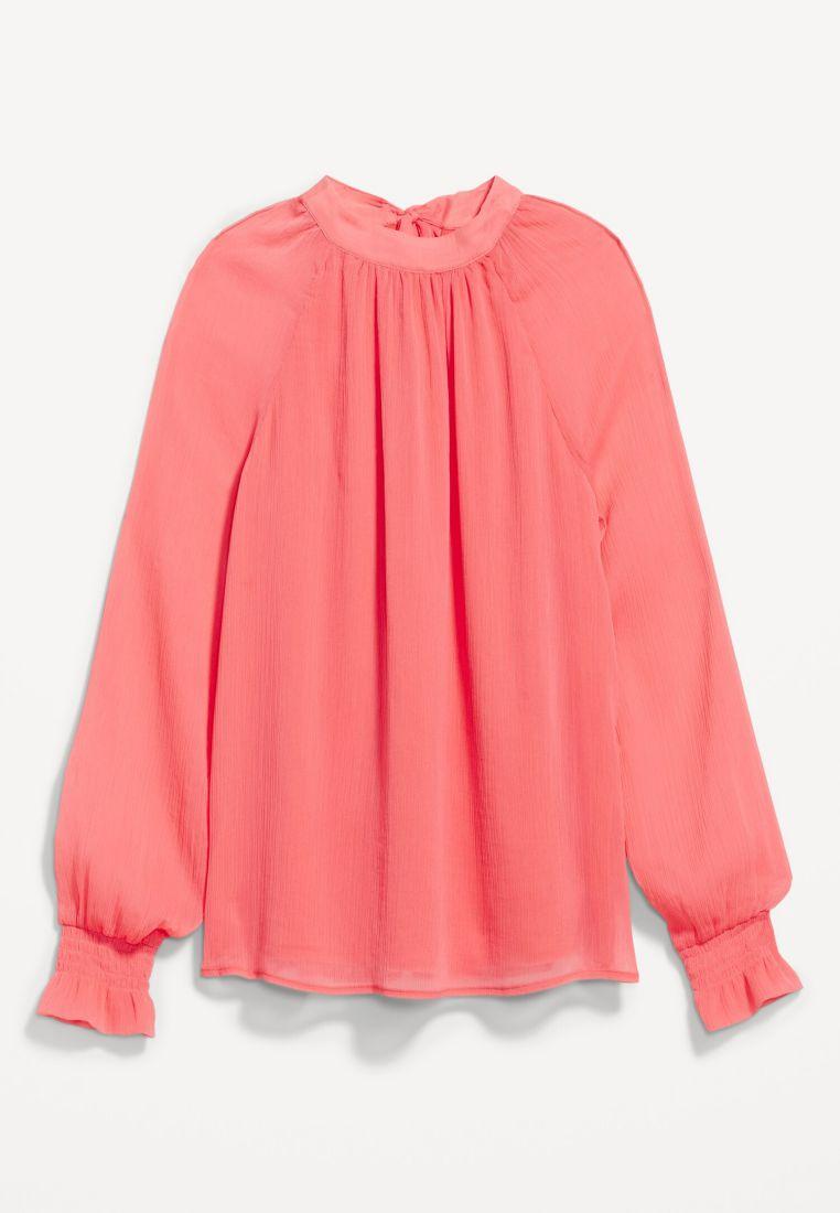 Shirred Mock-Neck Tie-Back Blouse for Women