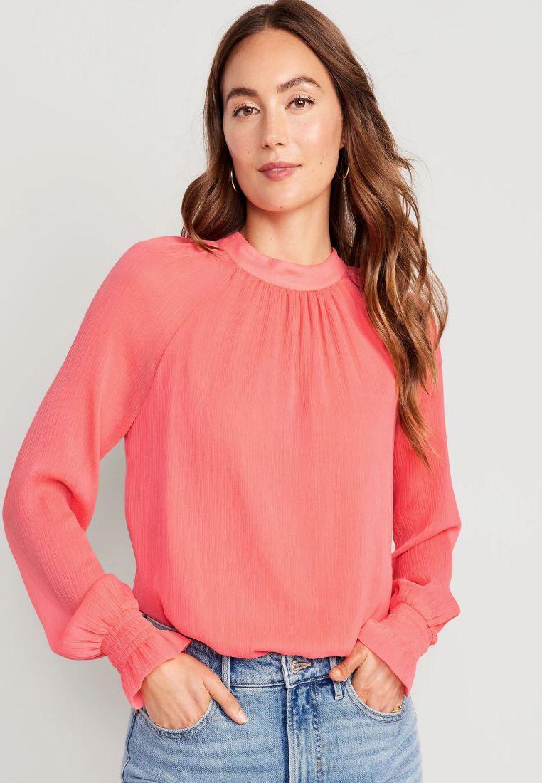 Shirred Mock-Neck Tie-Back Blouse for Women