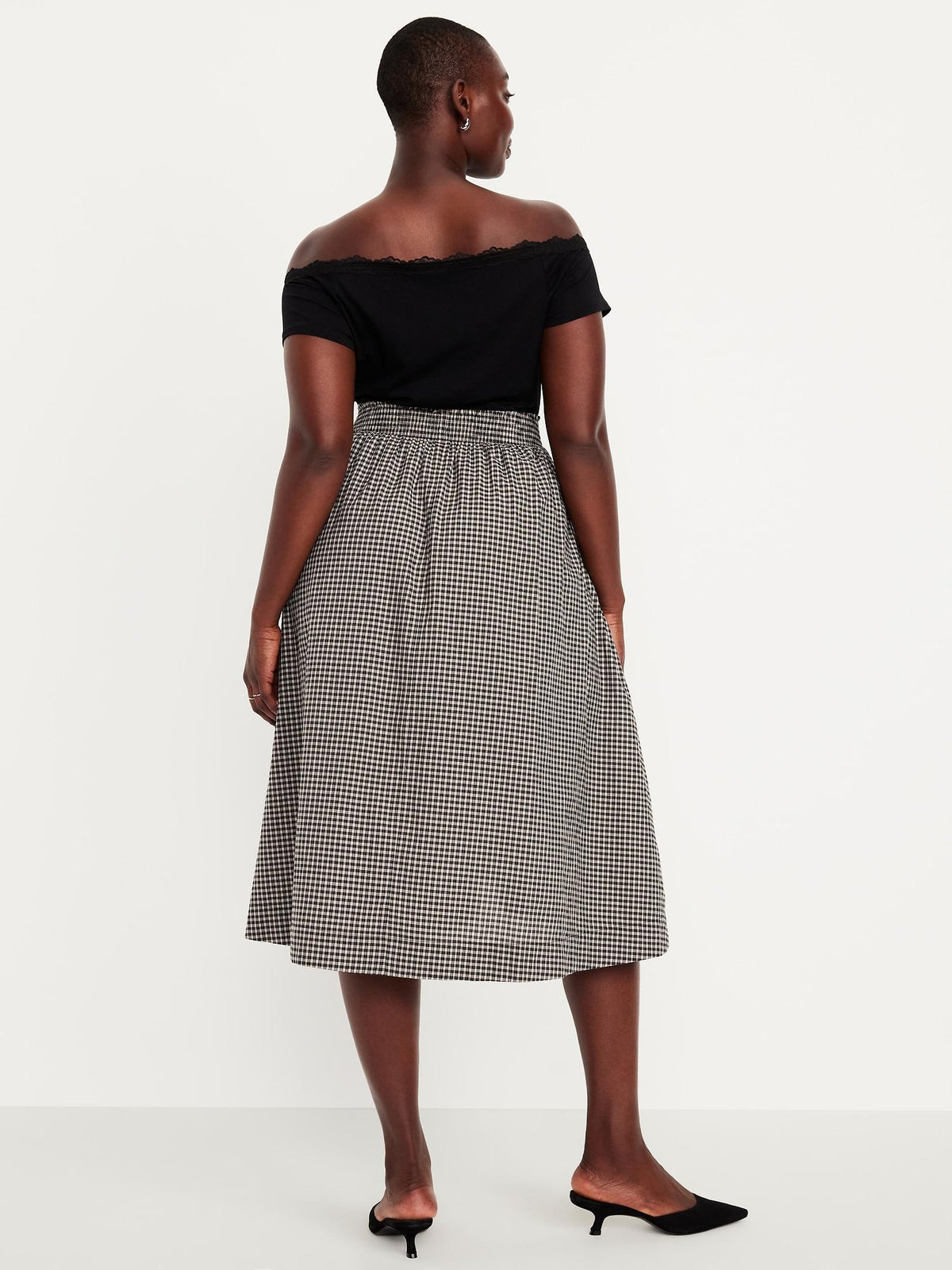 Smocked-Waist Plaid Midi Skirt