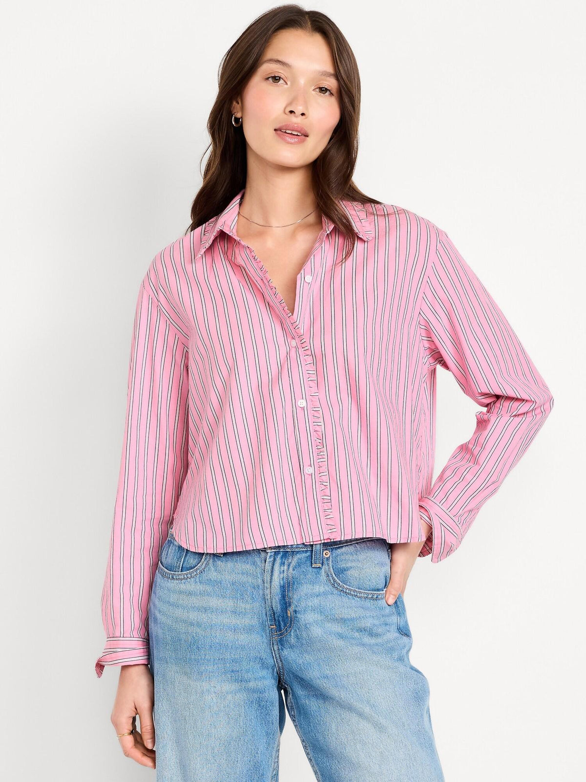 Cropped Button-Down Ruffle-Front Shirt