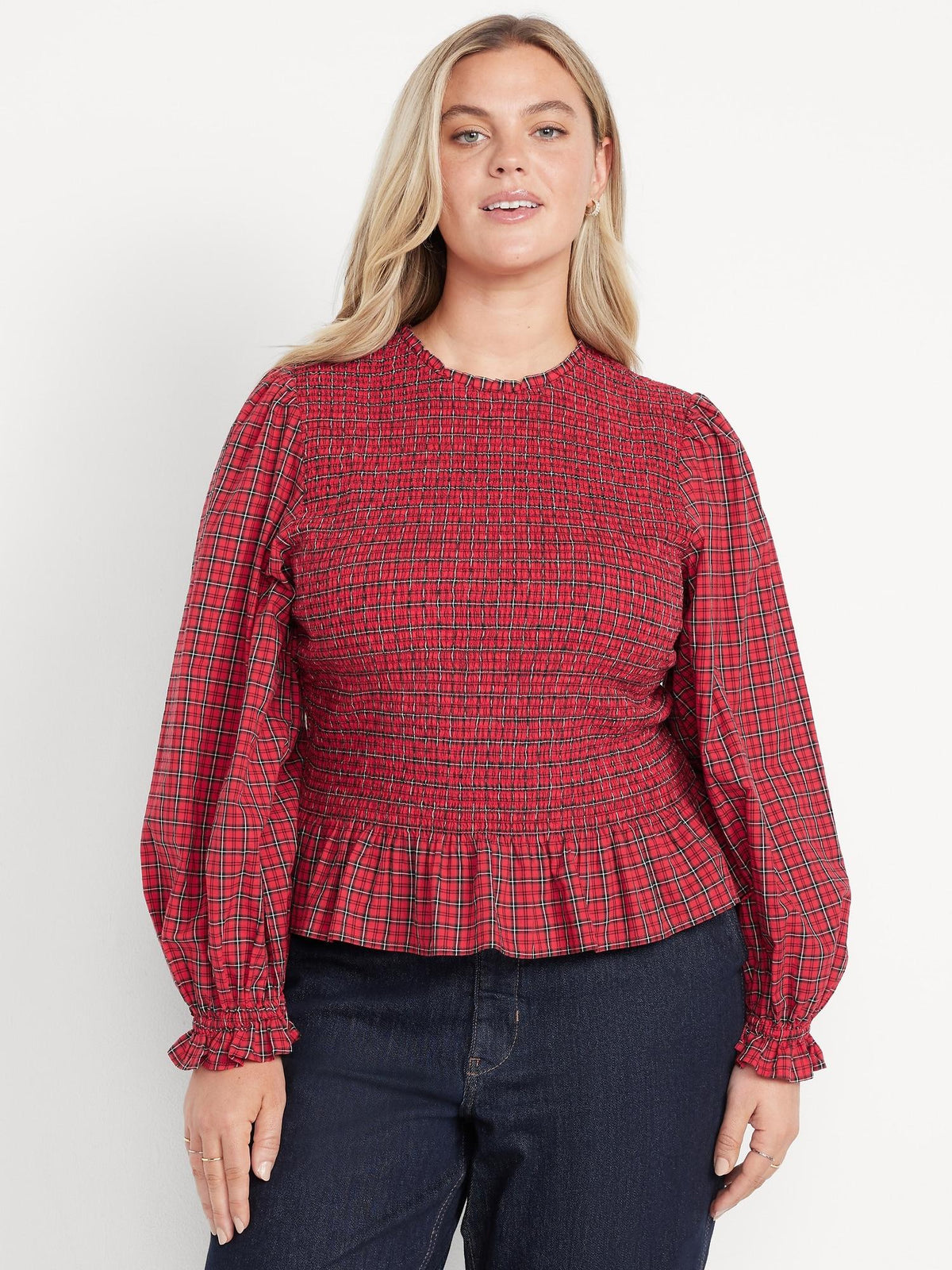 Long-Sleeve Plaid Smocked Top