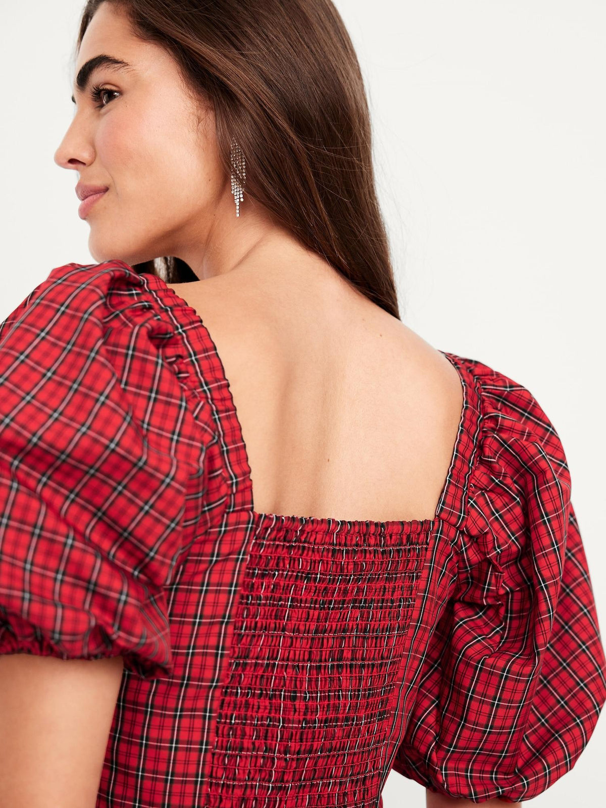 Puff-Sleeve Plaid Fit & Flare Taffeta Mini Dress