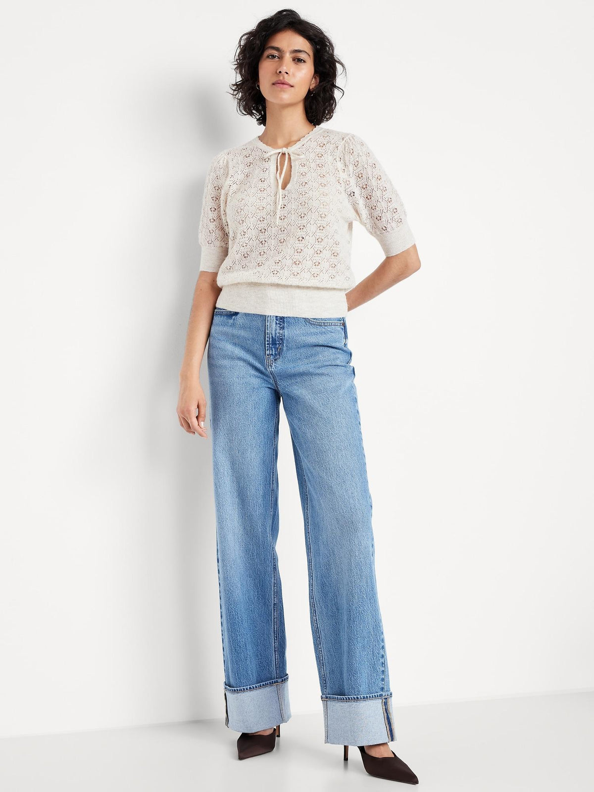 Puff-Sleeve Tie-Neck Pointelle Sweater