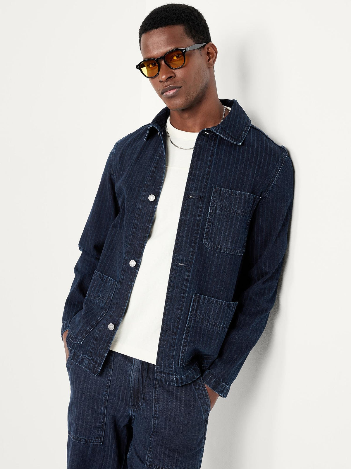 Textured-Stripe Denim Chore Jacket